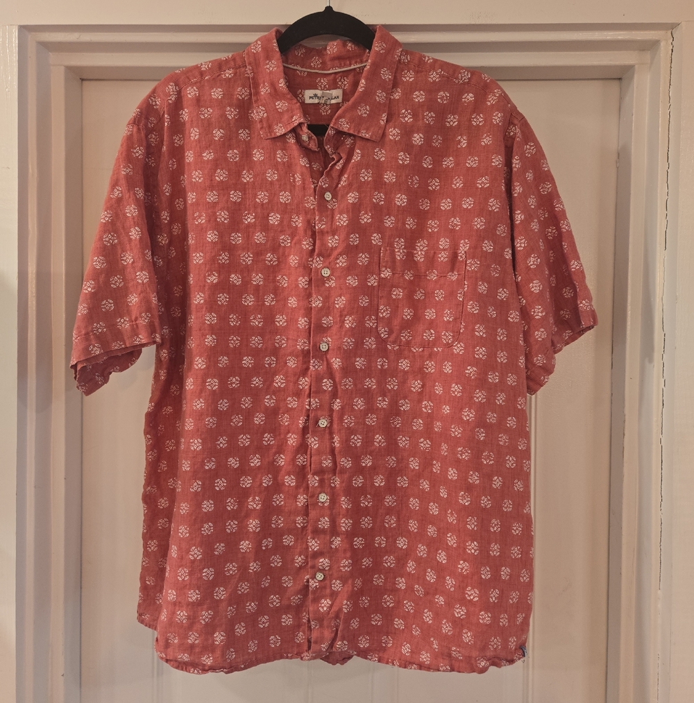 Peter Millar Kiva Linen Short Sleeve Button Down Shirt Mens XL Preppy Luxury Red